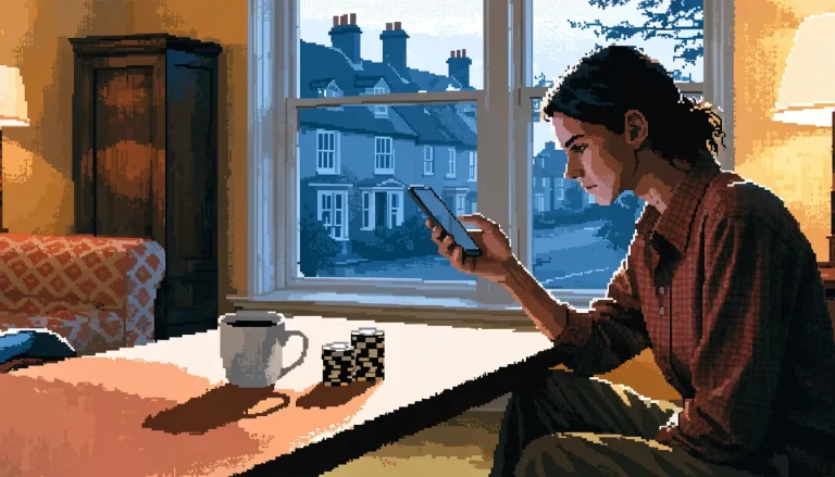Person tapping a smartphone to pay next to casino chips in a UK home