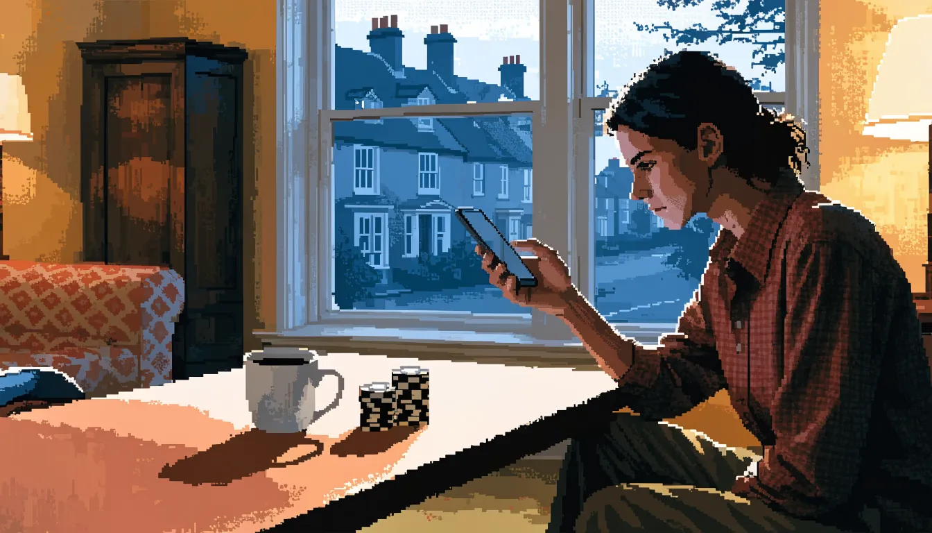 Person tapping a smartphone to pay next to casino chips in a UK home