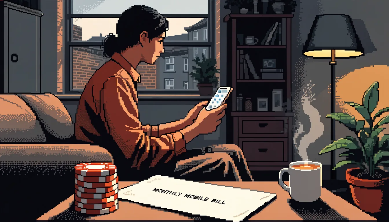Person holding a smartphone near casino chips and a phone bill in a UK living room.