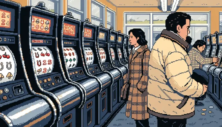 Low-stake slot machines inside a British seaside arcade with coins on the floor.
