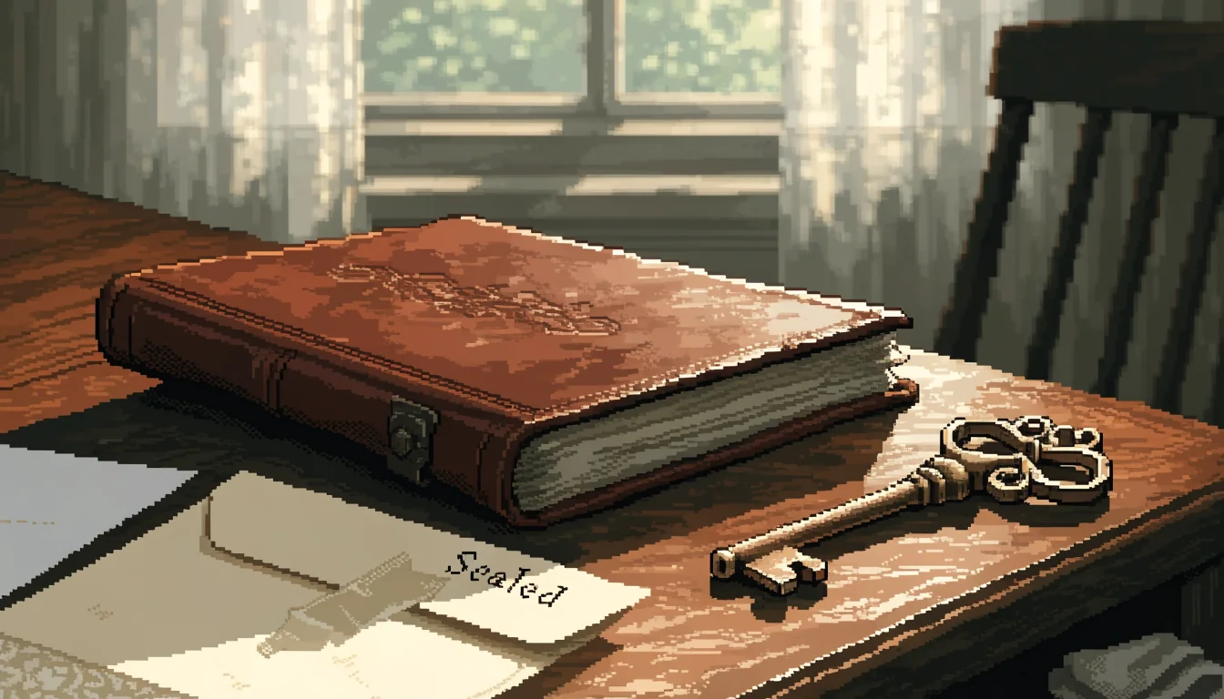Closed notebook, brass key and sealed envelope on a wooden desk by a window.