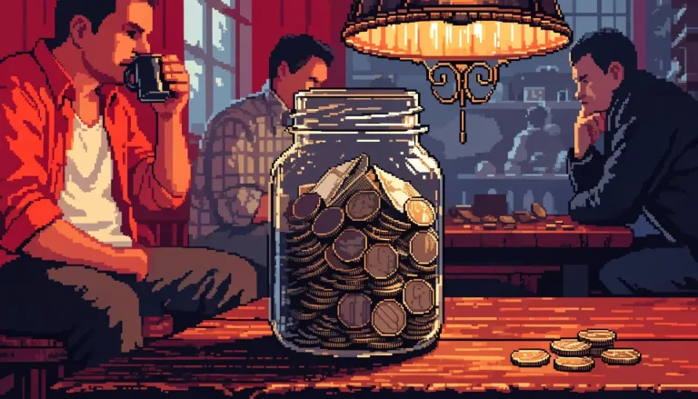 Glass jar overflowing with coins on a British pub table under warm amber light.