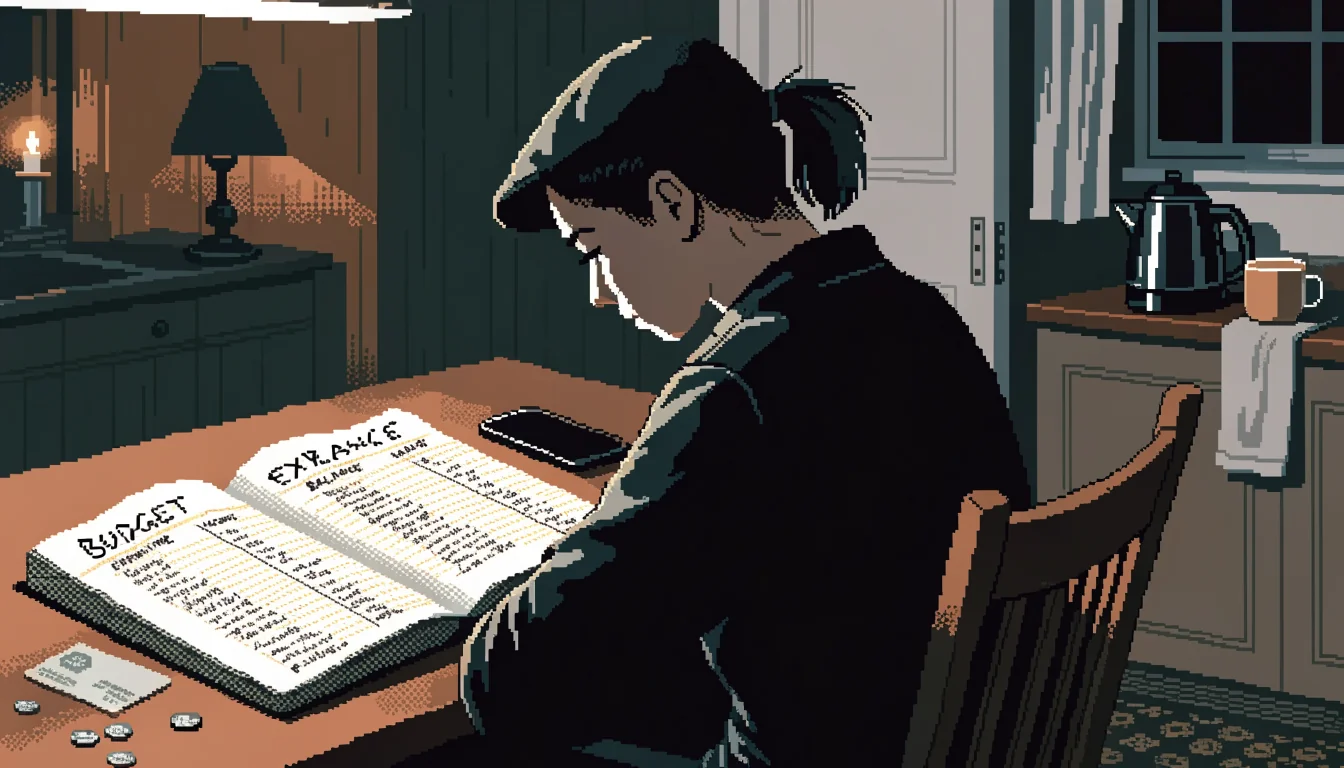 Person reviewing a household budget at a kitchen table with a phone turned face-down.