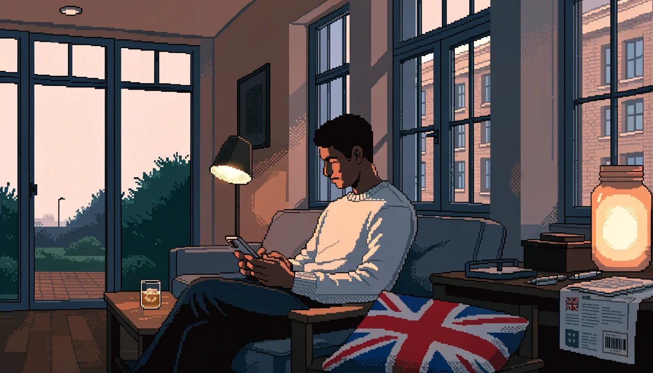 Man in London flat using smartphone with UK licence document nearby