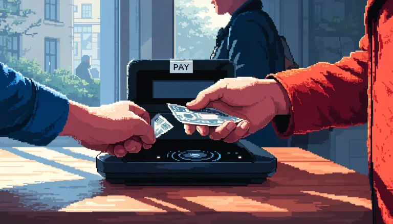 Hand receiving a banknote near a card payment terminal in a UK shop