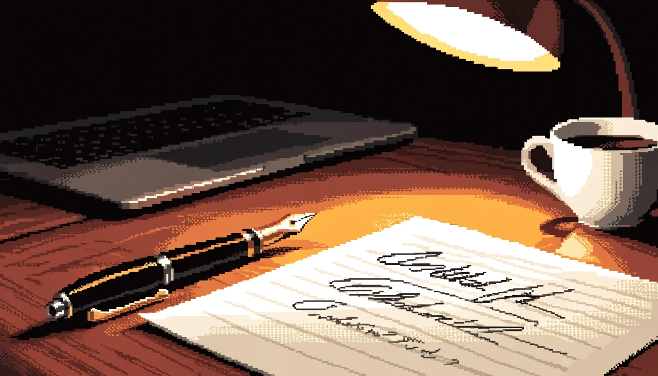 Signed terms document with pen on a wooden desk under warm lamp light.
