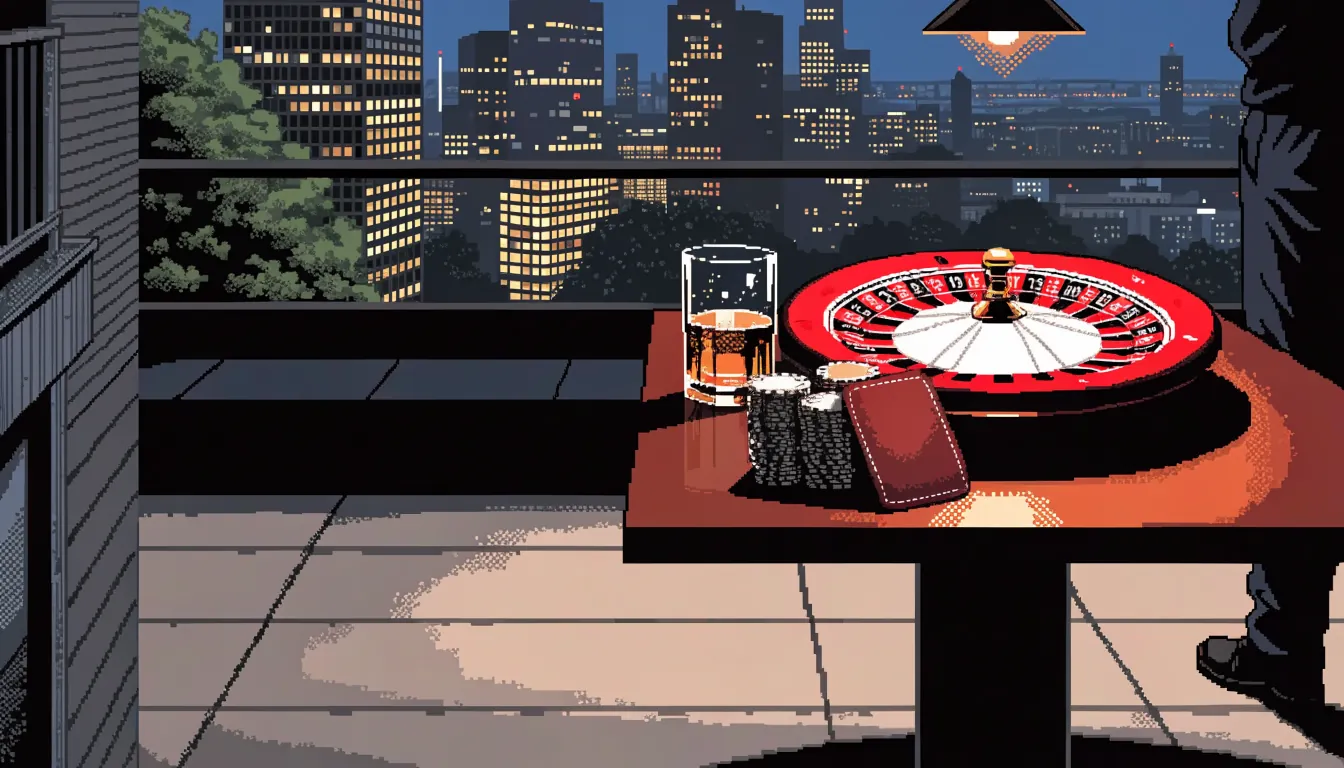 London rooftop at night with a roulette wheel, whisky glass, and casino chips on a wooden table.