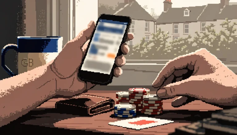 Hands holding a phone near casino chips and a wallet on a desk