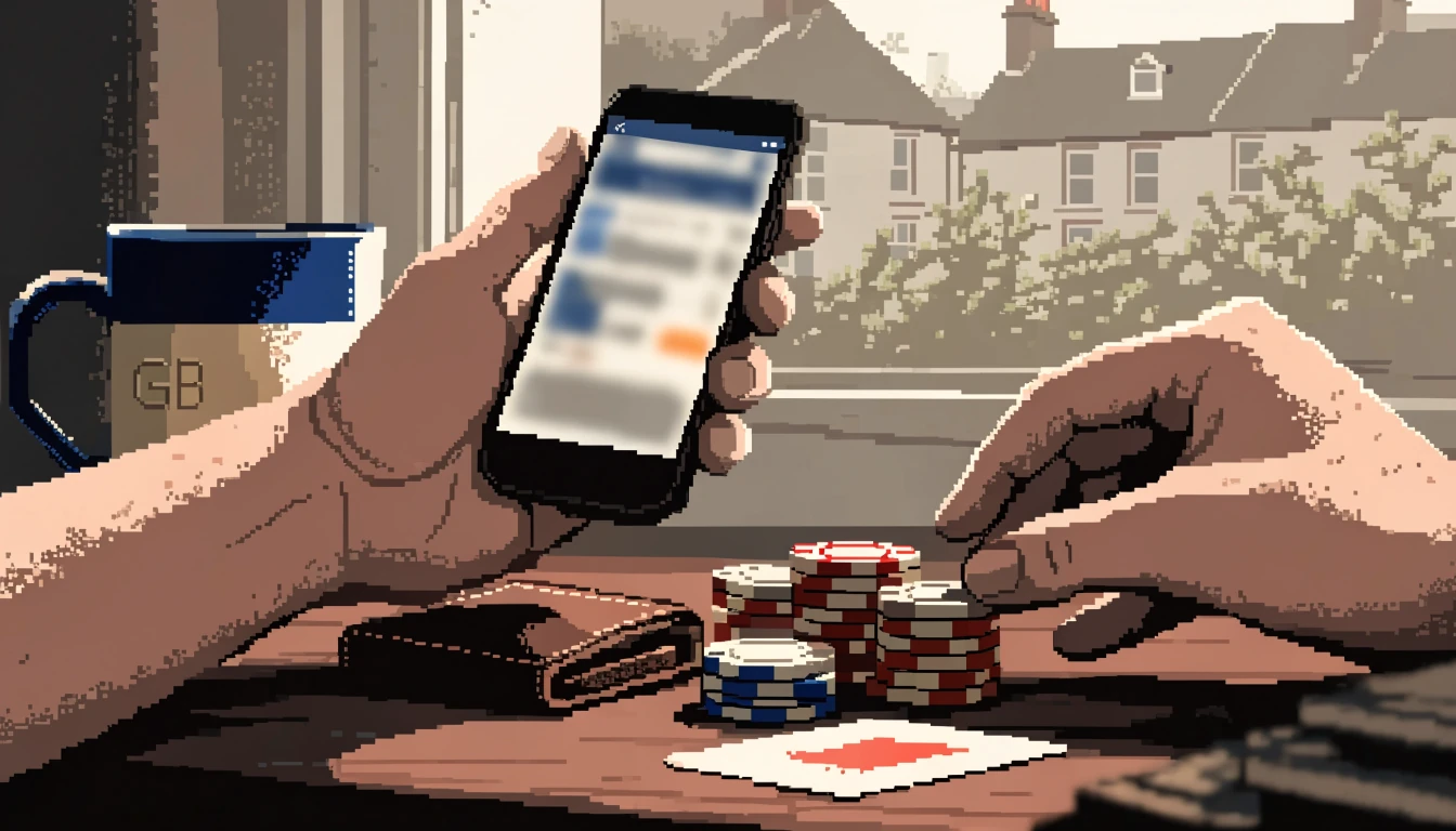 Hands holding a phone near casino chips and a wallet on a desk
