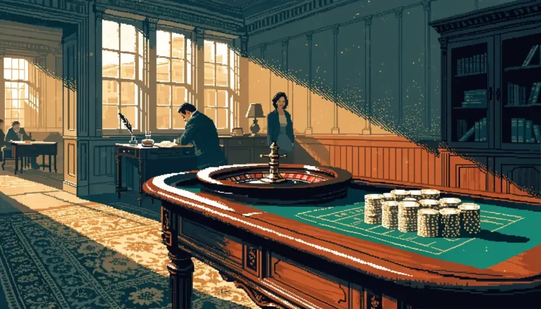 Mahogany casino table with chips and roulette wheel in a London club lounge
