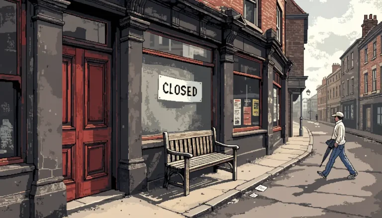 Closed UK betting shop on a rainy high street with empty bench and discarded slip