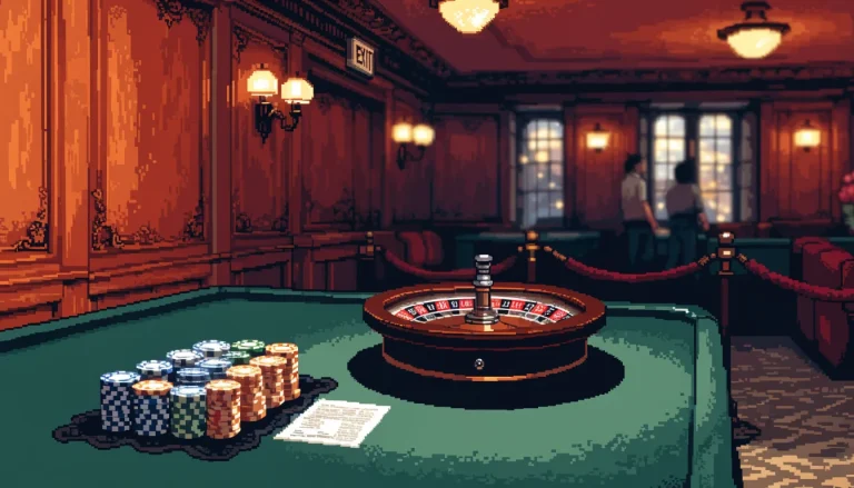 Casino chips and roulette wheel on a green table in a British licensed gaming lounge.