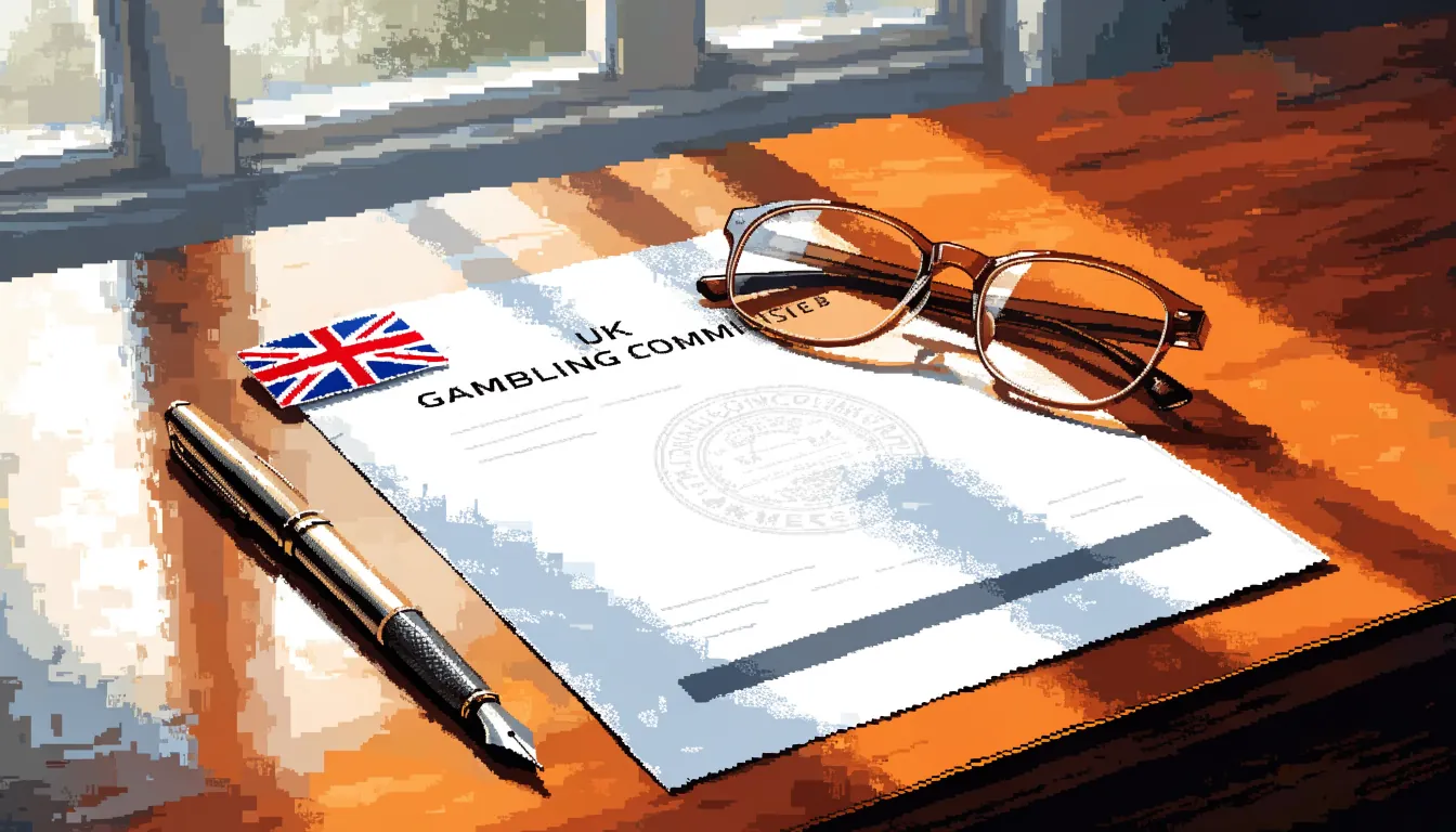 UK gambling licence document on a desk with flag and pen