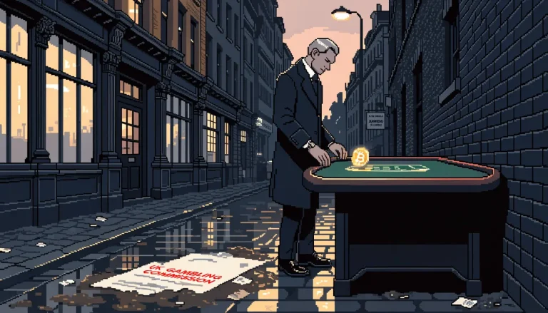 Man on a London street at dusk facing a crypto token on a casino table.