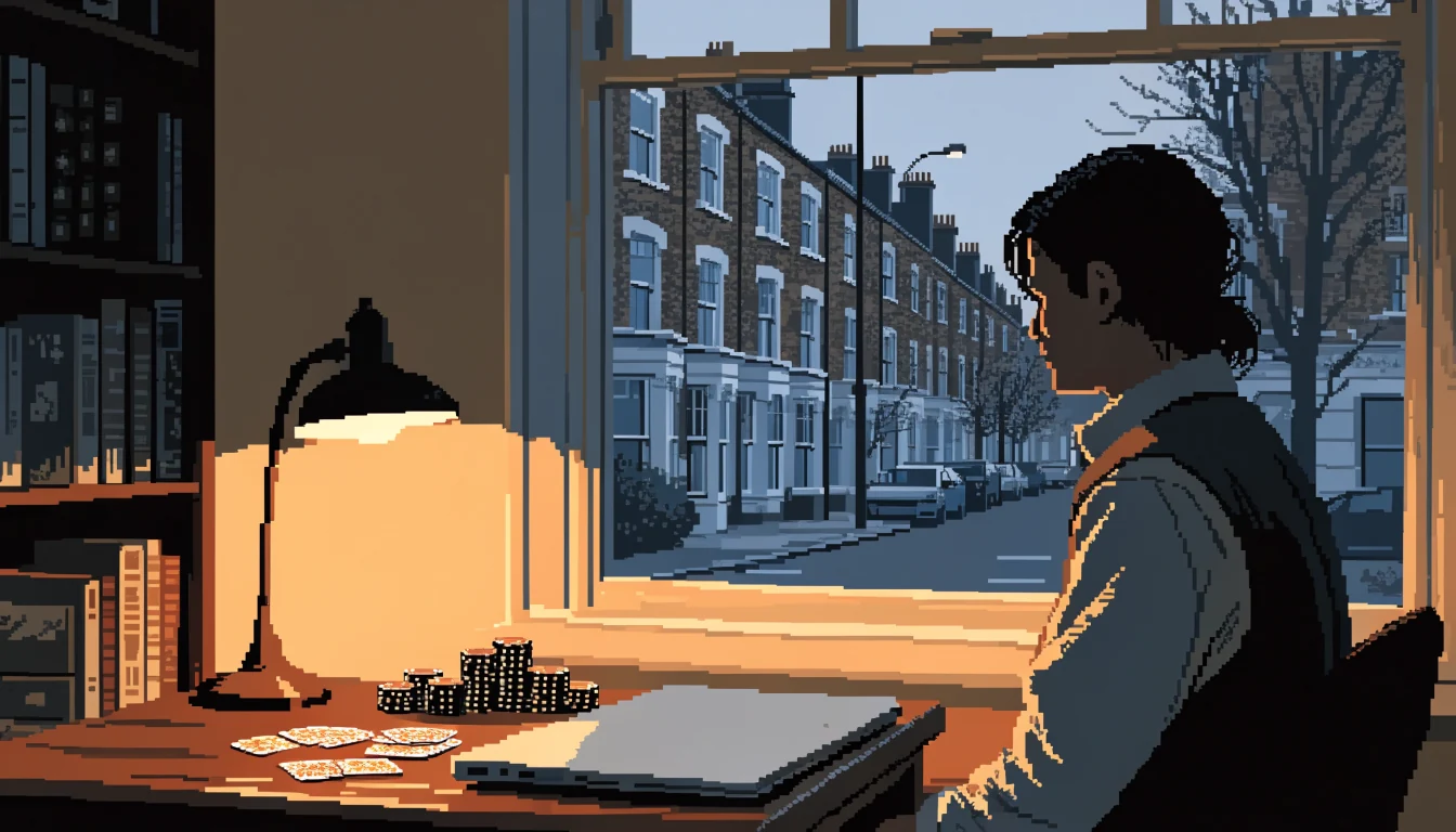 Person at desk in British flat with laptop, poker chips, and playing cards
