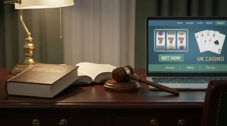 UK law book and gavel on a desk with a laptop showing an online casino