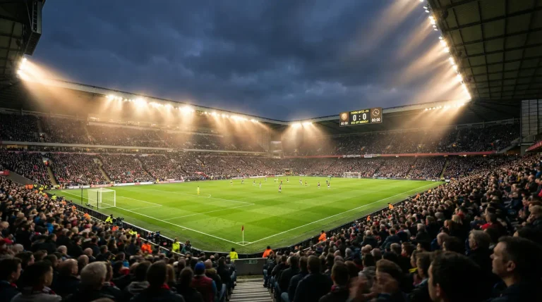 Football stadium pitch seen from the stands under floodlights