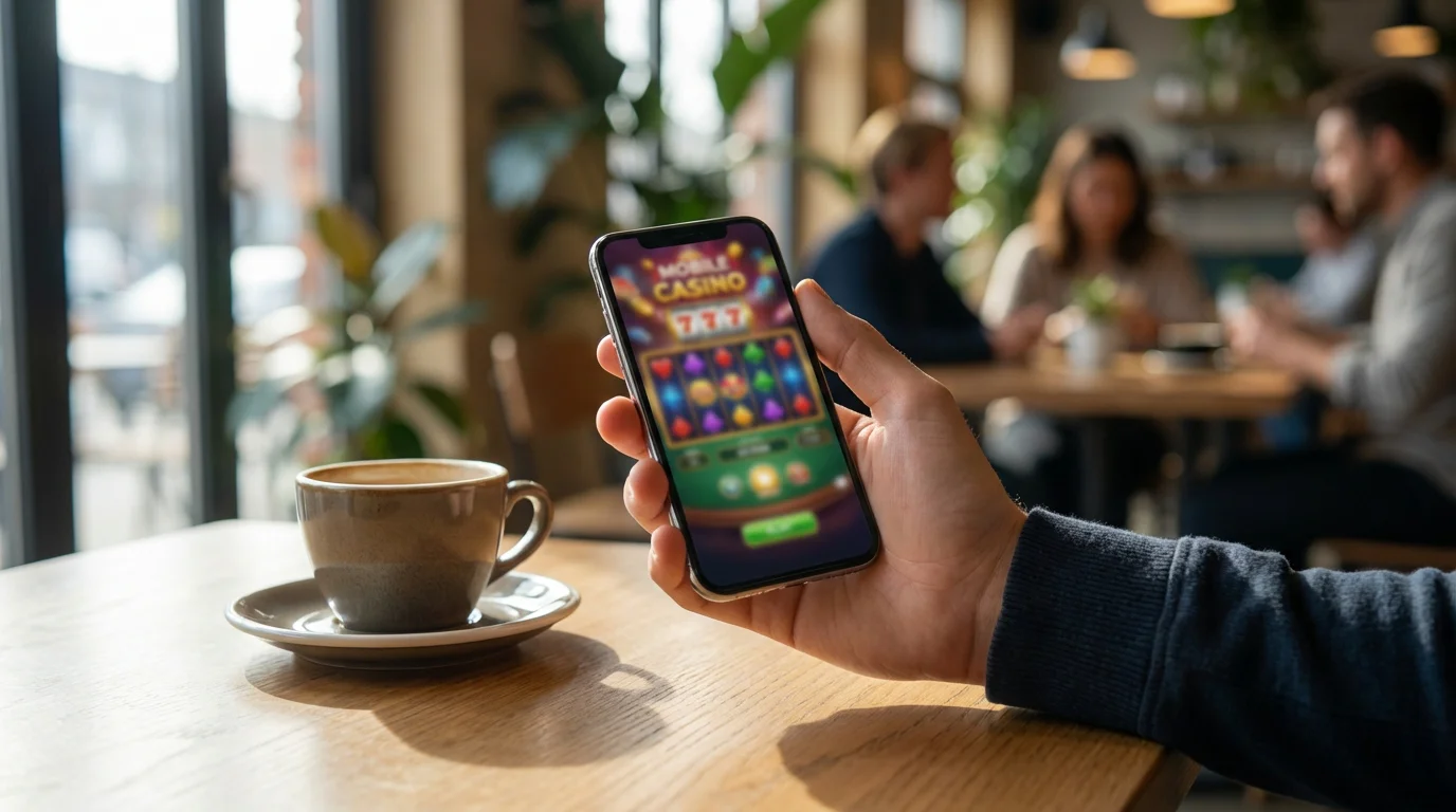 Person holding a smartphone with a gaming app on screen in a café