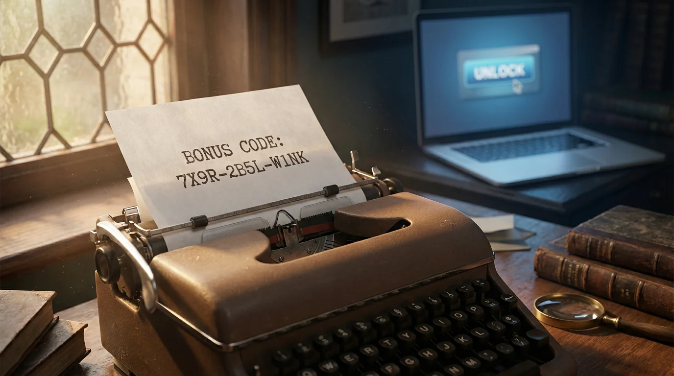 Vintage typewriter typing a promo code on paper with a laptop nearby