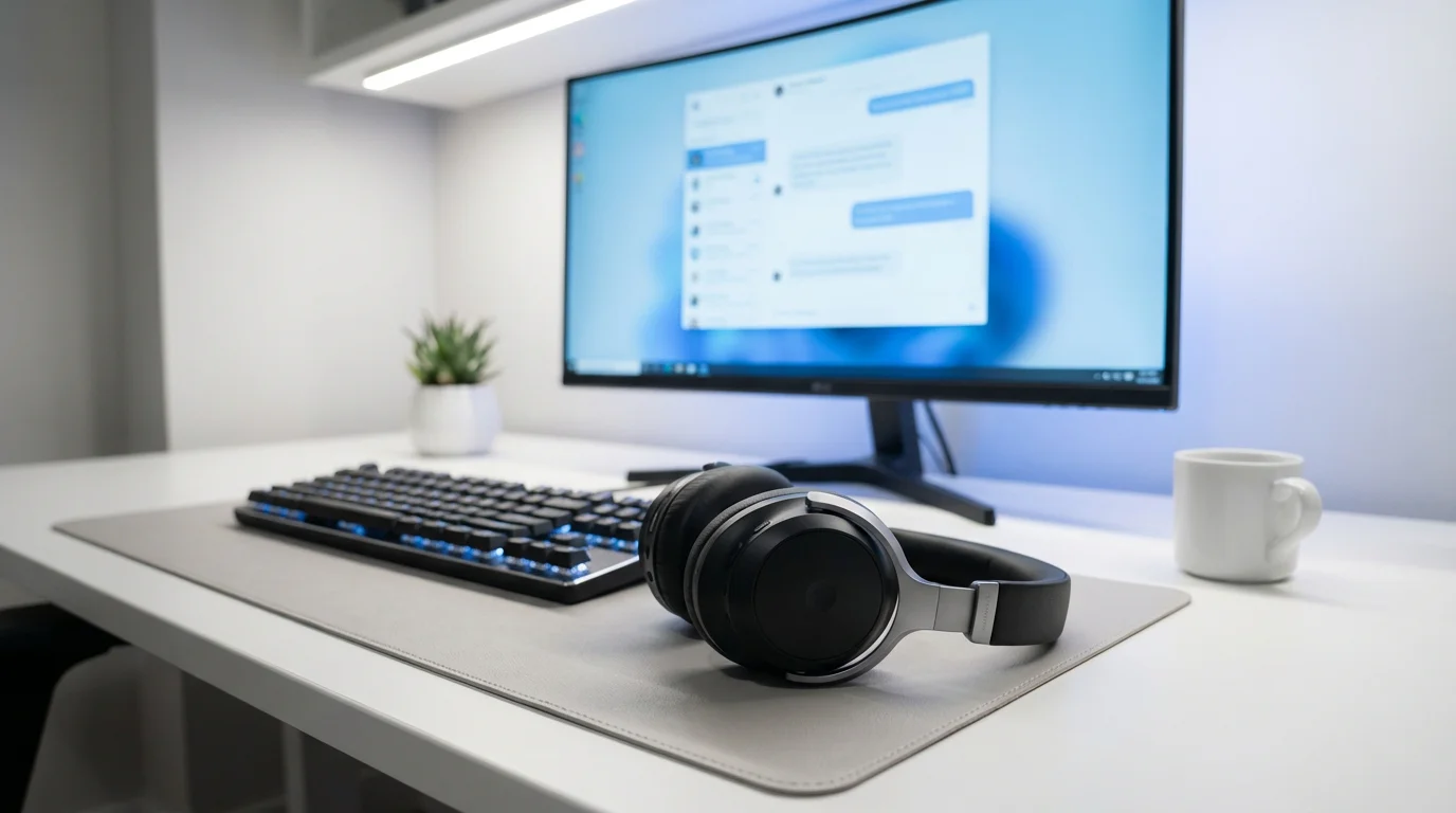 Headset and keyboard on a desk in a customer support workspace