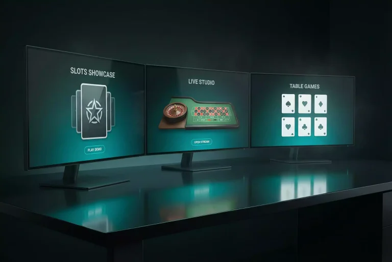 Row of computer monitors displaying different colourful game interfaces