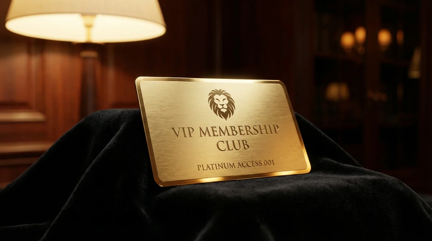 Gold VIP card on a dark velvet surface with soft ambient lighting