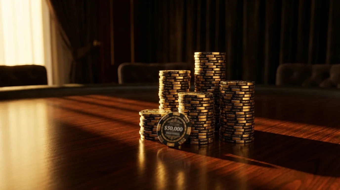 Stacked high-value casino chips on a polished dark table