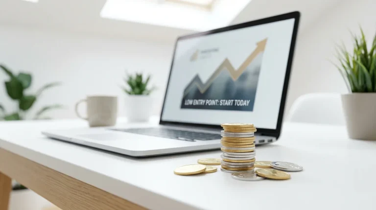 A small stack of coins beside a laptop on a clean desk