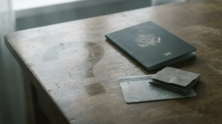 Passport and identity documents on a desk with a question mark overlay