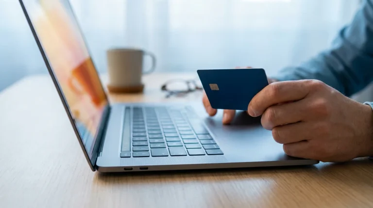 Close-up of a hand holding a debit card near a laptop keyboard