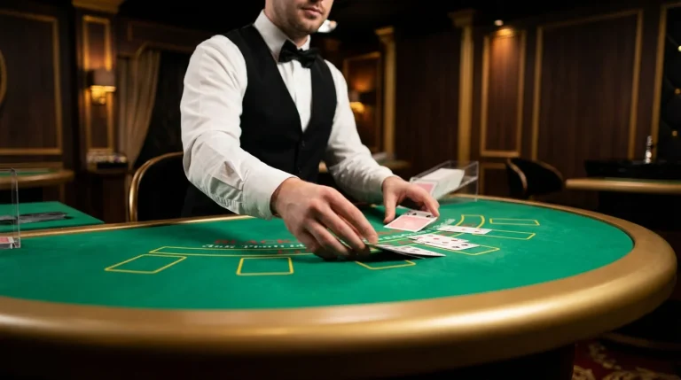 Live dealer at a green baize blackjack table dealing cards in a studio