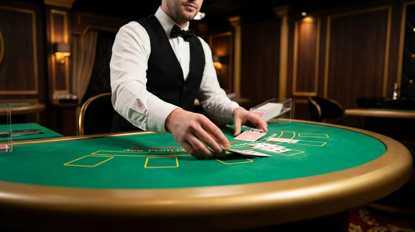 Live dealer at a green baize blackjack table dealing cards in a studio
