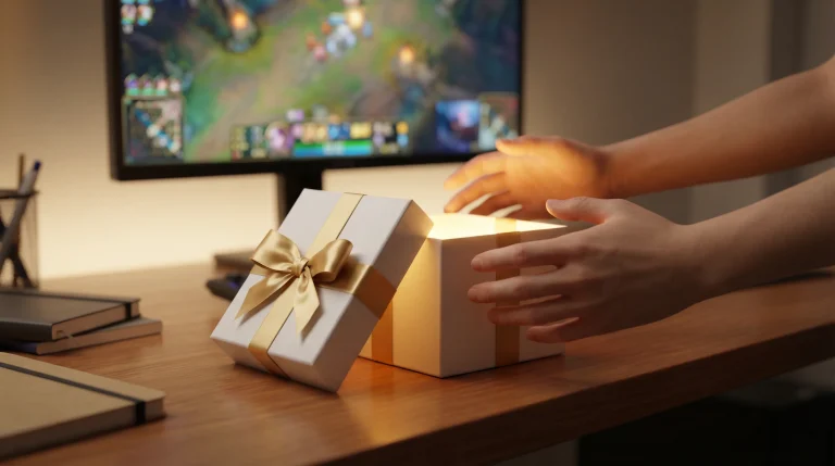 Gift box with a ribbon opening on a desk next to a computer screen