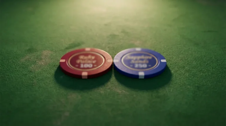 Two contrasting casino chips — one red and one blue — on a felt table