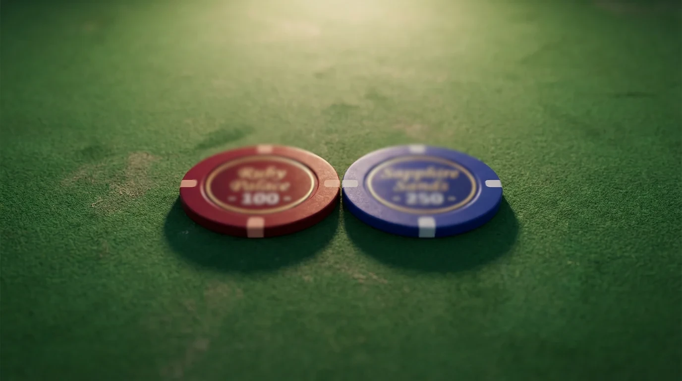 Two contrasting casino chips — one red and one blue — on a felt table