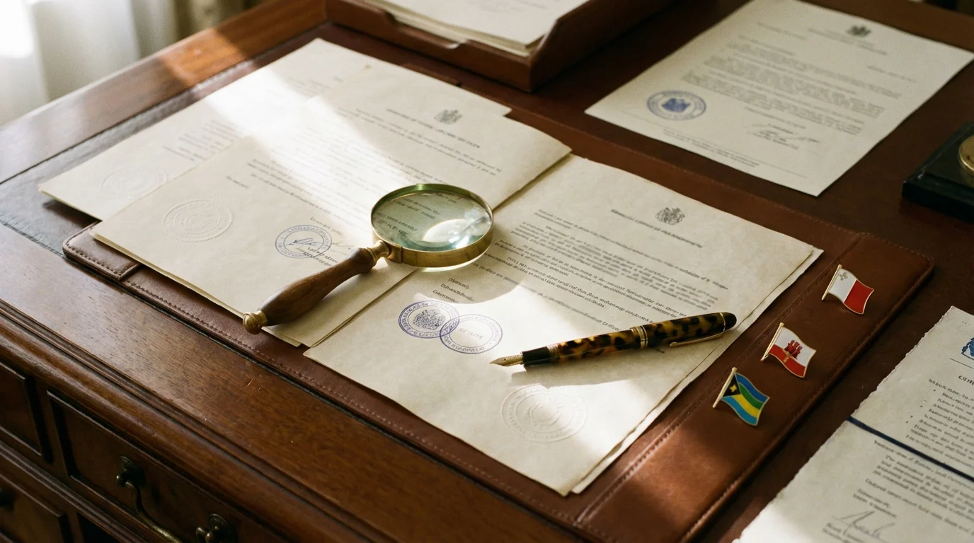 Offshore casino licence documents and regulatory seals arranged on a desk