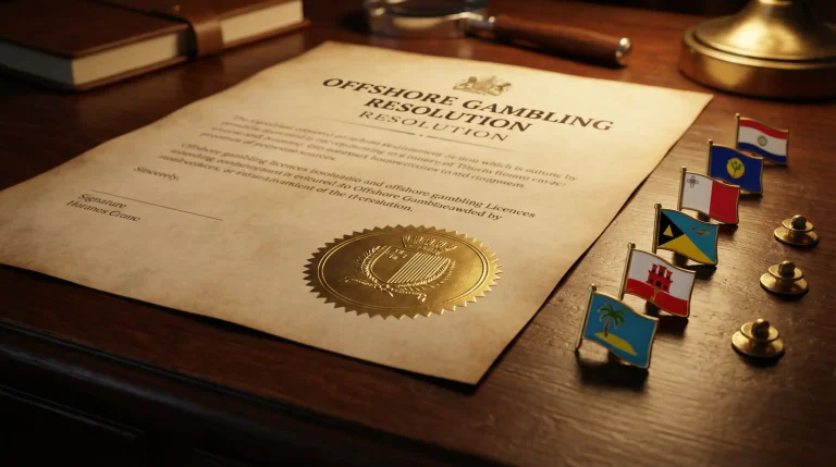 Official licence document with a seal on a desk beside international flags