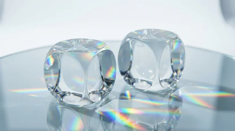 Transparent dice on a glass surface with light refracting through them