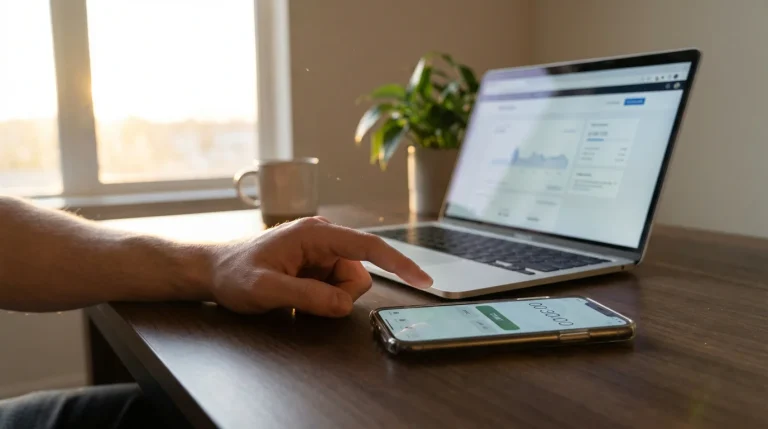 Person setting a timer on their phone beside a laptop on a desk
