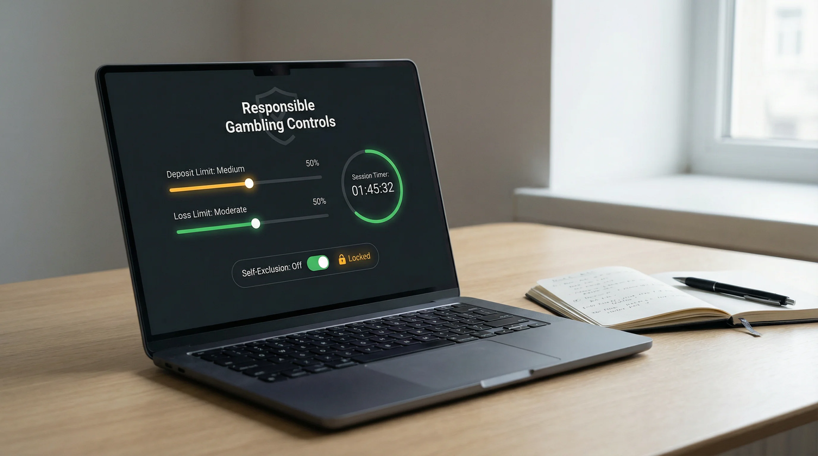 Responsible gambling settings panel showing deposit limits and session timer controls