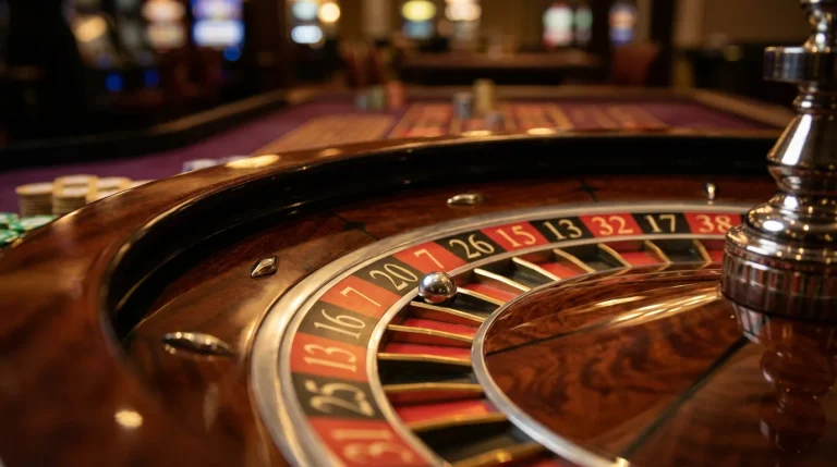 Close-up of a roulette wheel with the ball settling into a numbered slot