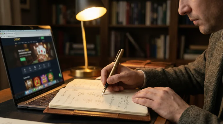 Person writing calculations in a notebook with a pen beside a laptop