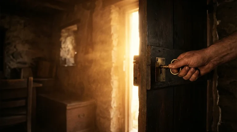 A key turning in a lock with light shining through the opening door